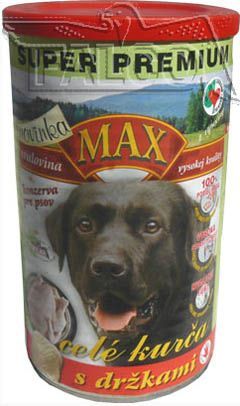 Konzerva MAX cel&eacute; kuře s dr&scaron;ťkami 1200g obsahuje vysok&yacute; pod&iacute;l svaloviny s vynikaj&iacute;c&iacute;mi nutričn&iacute;mi a dietn&iacute;mi hodnotami. V&yacute;hodn&eacute; balen&iacute;.