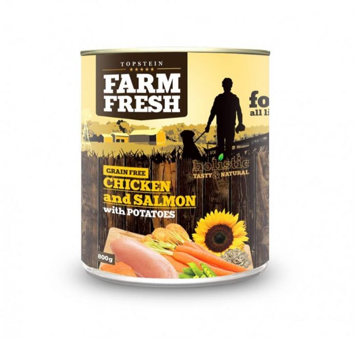 Farm Fresh - CHICKEN and SALMON with POTATOES 400 g, konzerva s kvalitn&iacute;m masem z lososa.