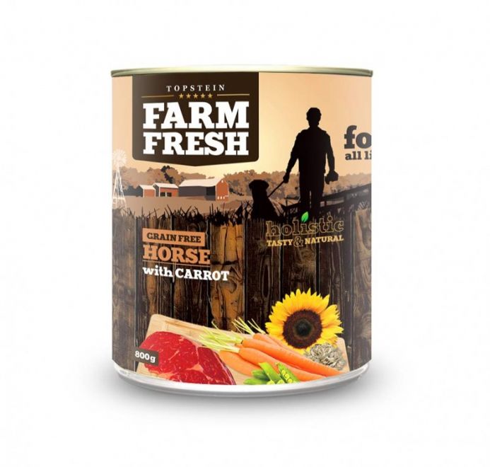 Farm Fresh - Horse with carrot v 800g vynikaj&iacute;c&iacute; konzerva z koňsk&eacute;ho masa.