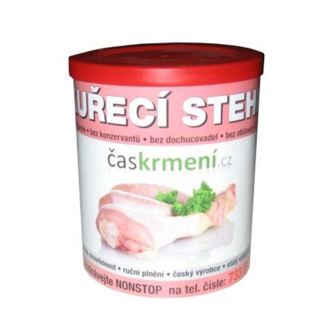 Masov&eacute; konzervy Kuřec&iacute; stehna Časkrmen&iacute; 800g s vysok&yacute;m pod&iacute;lem svaloviny, bez konzervantů, barviv a dochucovadel. Ručně plněn&eacute; konzervy od česk&eacute;ho v&yacute;robce.