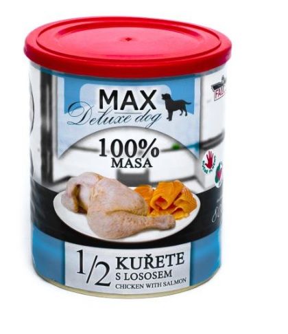 Nejlep&scaron;&iacute; v&yacute;běr kousků masa. Masov&aacute; konzerva je naplněna ze 75 % cel&yacute;mi kousky nasekan&yacute;ch kuřec&iacute;ch čtvrtek včetně kost&iacute; a 25 % lososem.