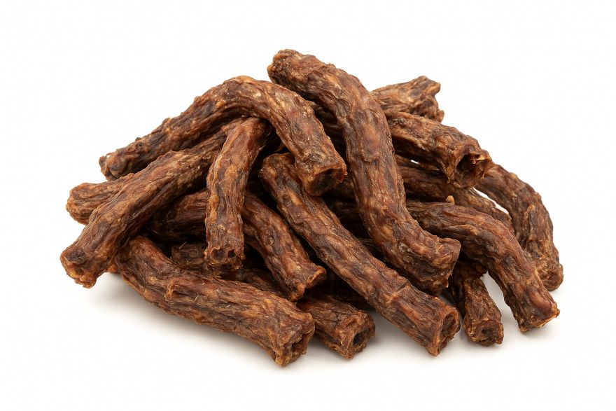 př&iacute;rodn&iacute; pamlsek je vyroben z kvalitn&iacute;ch syrov&yacute;ch hus&iacute;ch krků, bez jak&yacute;chkoliv dochucovadel, barviv nebo konzervantů. &Scaron;etrn&aacute; technologie su&scaron;en&iacute; zachov&aacute;v&aacute; v&scaron;echny