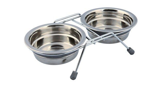 Dvojit&eacute; misky pro psy nerezov&eacute; se silikonov&yacute;m proužkem o objemu 2x450ml